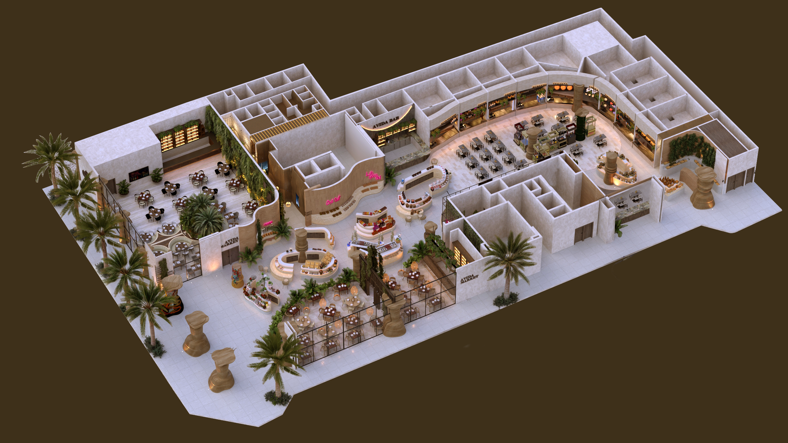 Mapa interactivo de AVIDA Market - The Hall con ubicaciones de restaurantes